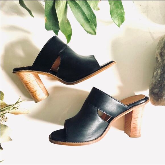 SEY Collection Black Tan Leather Mule Slide Open Toe Chunky Block Heel Shoes 9 - Picture 6 of 9